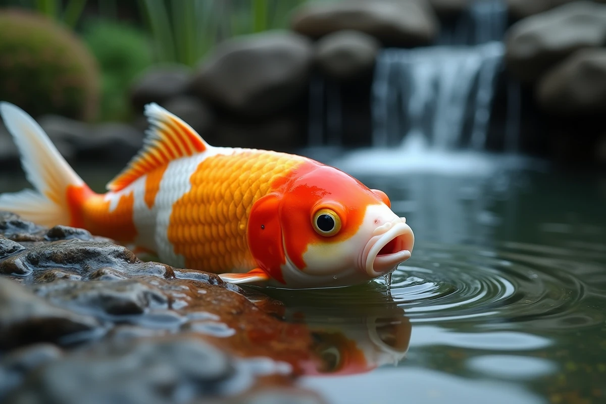 Gros plan sur une carpe koï orange et blanche à la surface d'un bassin avec rebord en granit et cascade décorative