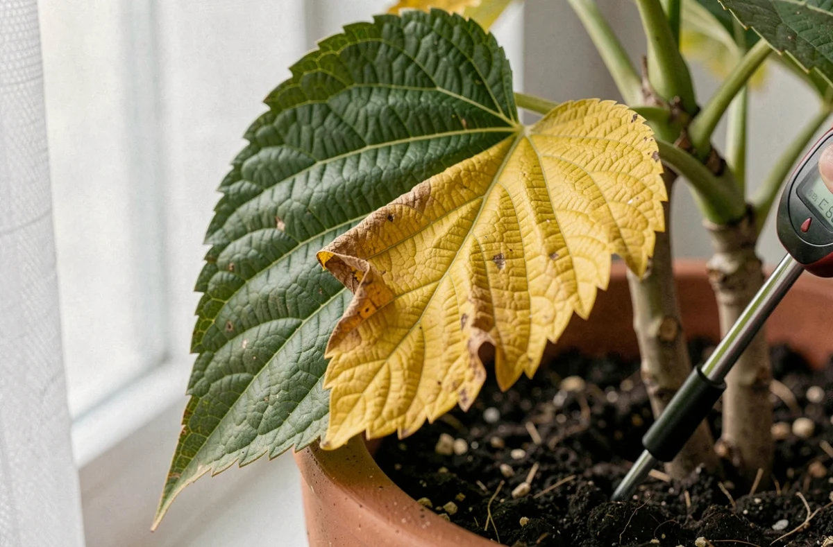 Gros plan sur des feuilles d'hortensia en pot jaunissantes avec hygromètre dans la terre