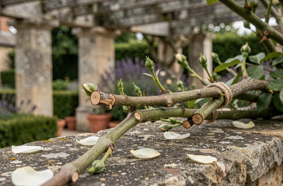 Gros plan sur des tiges de rosier grimpant taillées et attachées sur une pergola en pierre avec bourgeons visibles