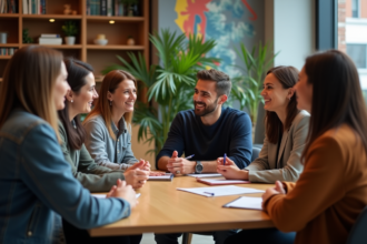 Groupe diversifié en réunion dans un bureau moderne