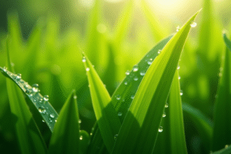 Herbes vertes avec gouttes de rosée sous soleil lumineux