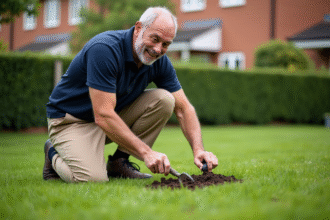 Homme moyenâgeux en khaki aérant le sol du jardin