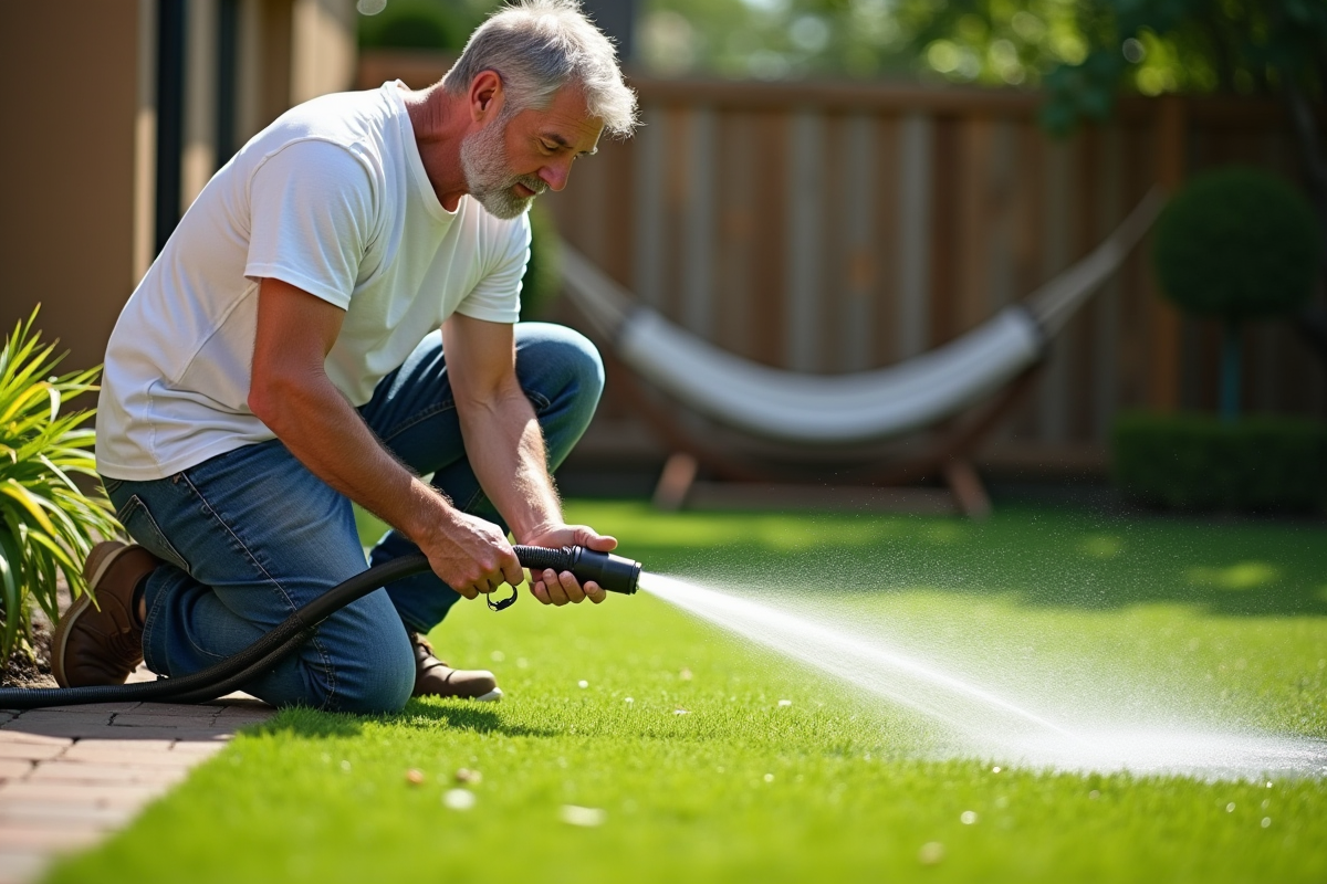 Homme arrosant une pelouse synthétique dans un jardin