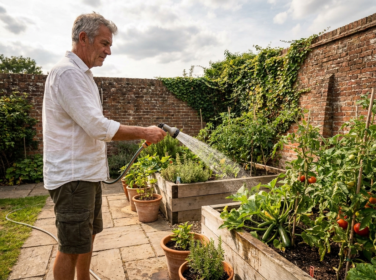 Homme arrosant un potager avec un tuyau d'arrosage dans un jardin avec des bacs en bois
