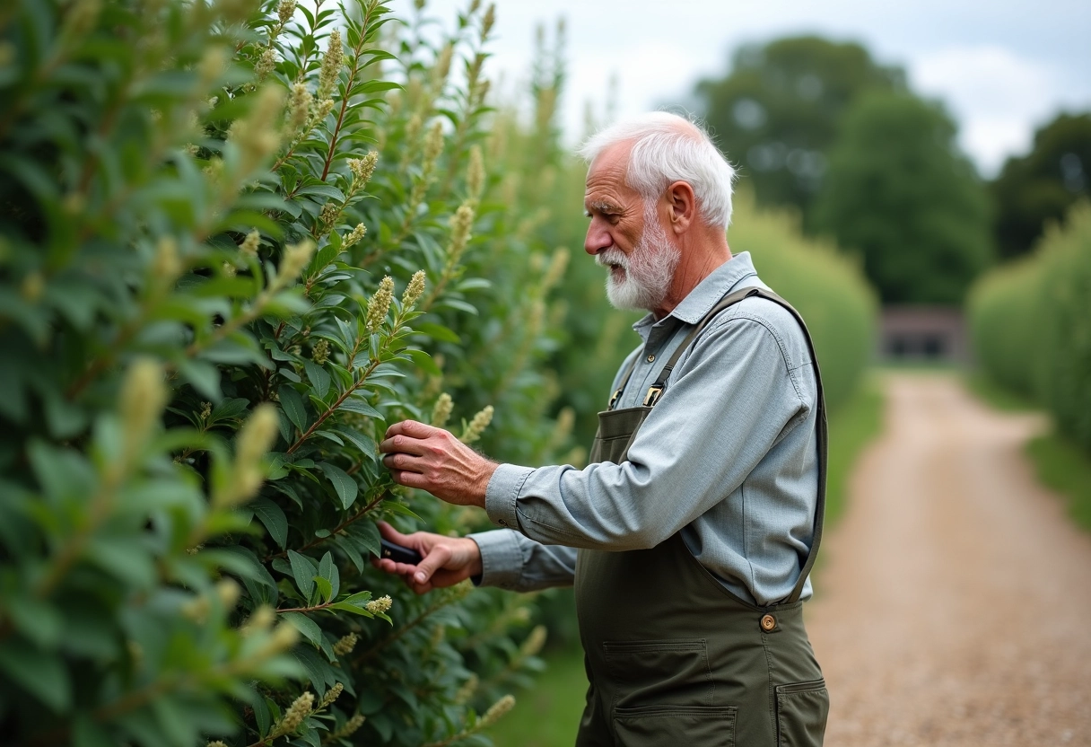 Homme âgé examinant une haie de sauge avant de tailler