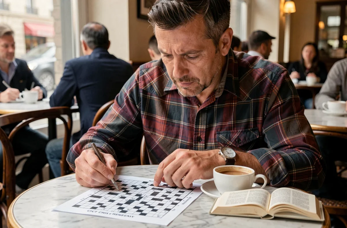 Homme consultant un dictionnaire dans un café pour trouver une fleur commençant par U pour ses mots croisés