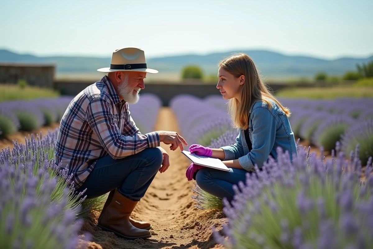 Homme âgé montrant la lavande à une jeune fille dans un champ