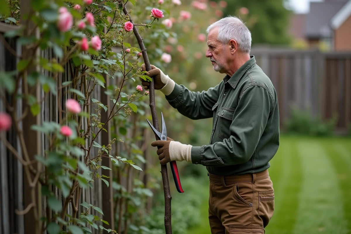 Homme inspectant une tige de rosier remontant avant de la tailler dans un jardin de banlieue, sécateur ouvert à la main en vue d'ensemble