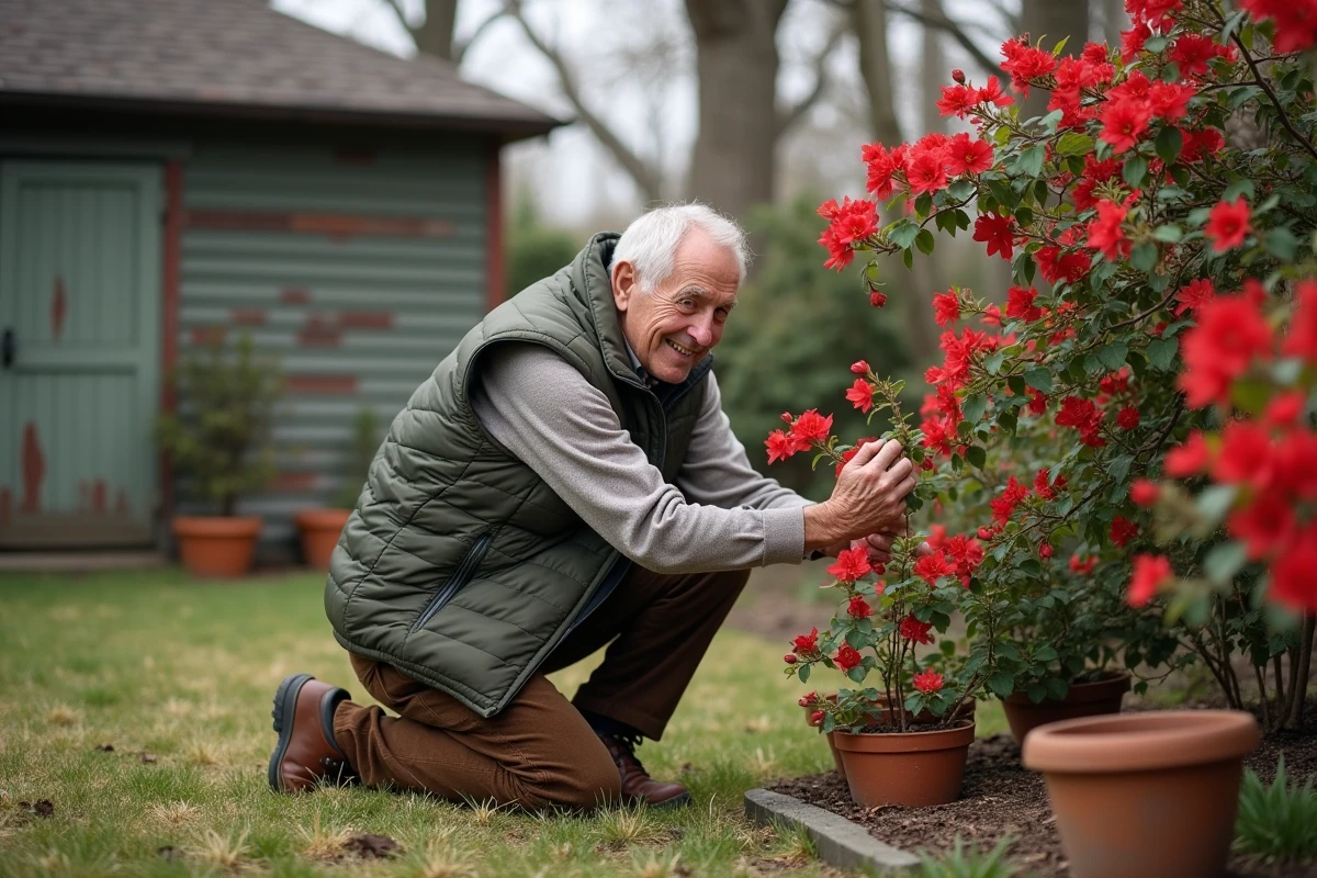 Homme âgé touchant bougainvillea dans le jardin
