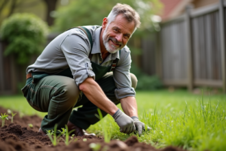 Homme d'âge moyen dans le jardin examine des pousses vertes