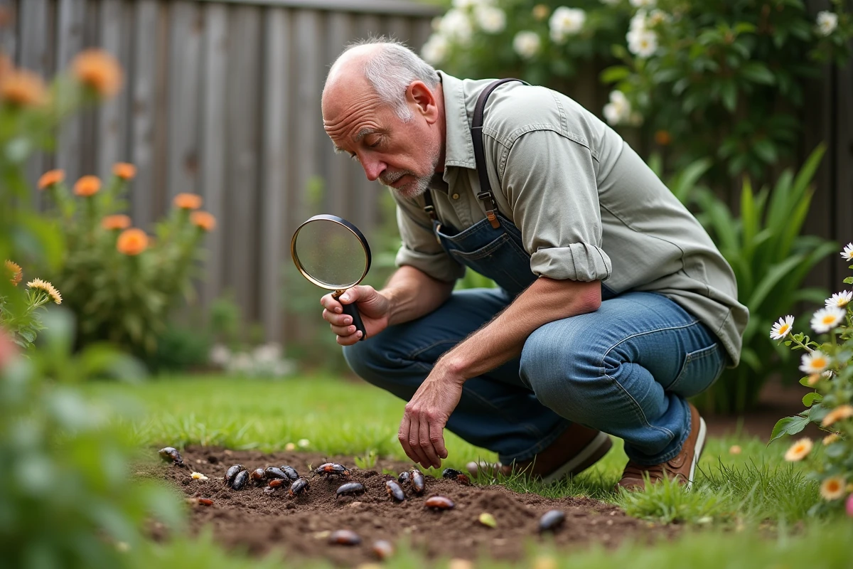 Homme d'âge moyen examine des cafards dans un jardin