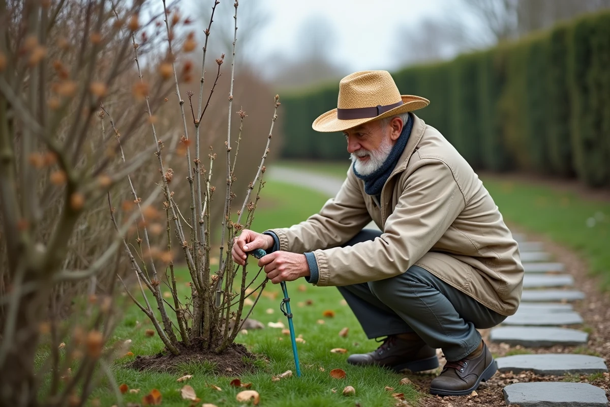Homme âgé attachant un support à un mimosa en pleine nature