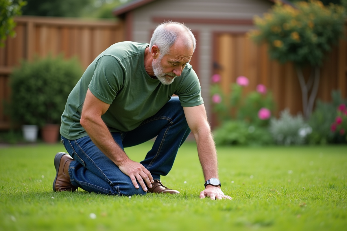 Homme d'âge moyen en jeans et t-shirt vert sur la pelouse