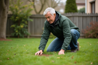 Homme d'âge moyen en jeans et coupe-vent vert en train d'épandre du fertilisant dans un jardin