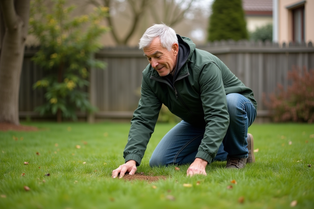 Homme d'âge moyen en jeans et coupe-vent vert en train d'épandre du fertilisant dans un jardin