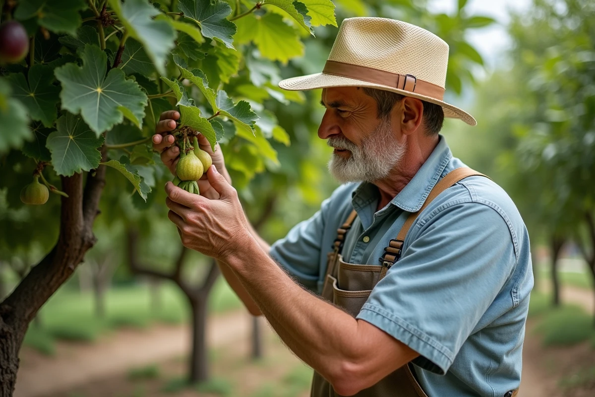 Homme en vêtements de jardinage examine un figuier mature