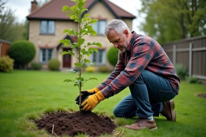 Homme plantant un figuier dans un jardin suburbain
