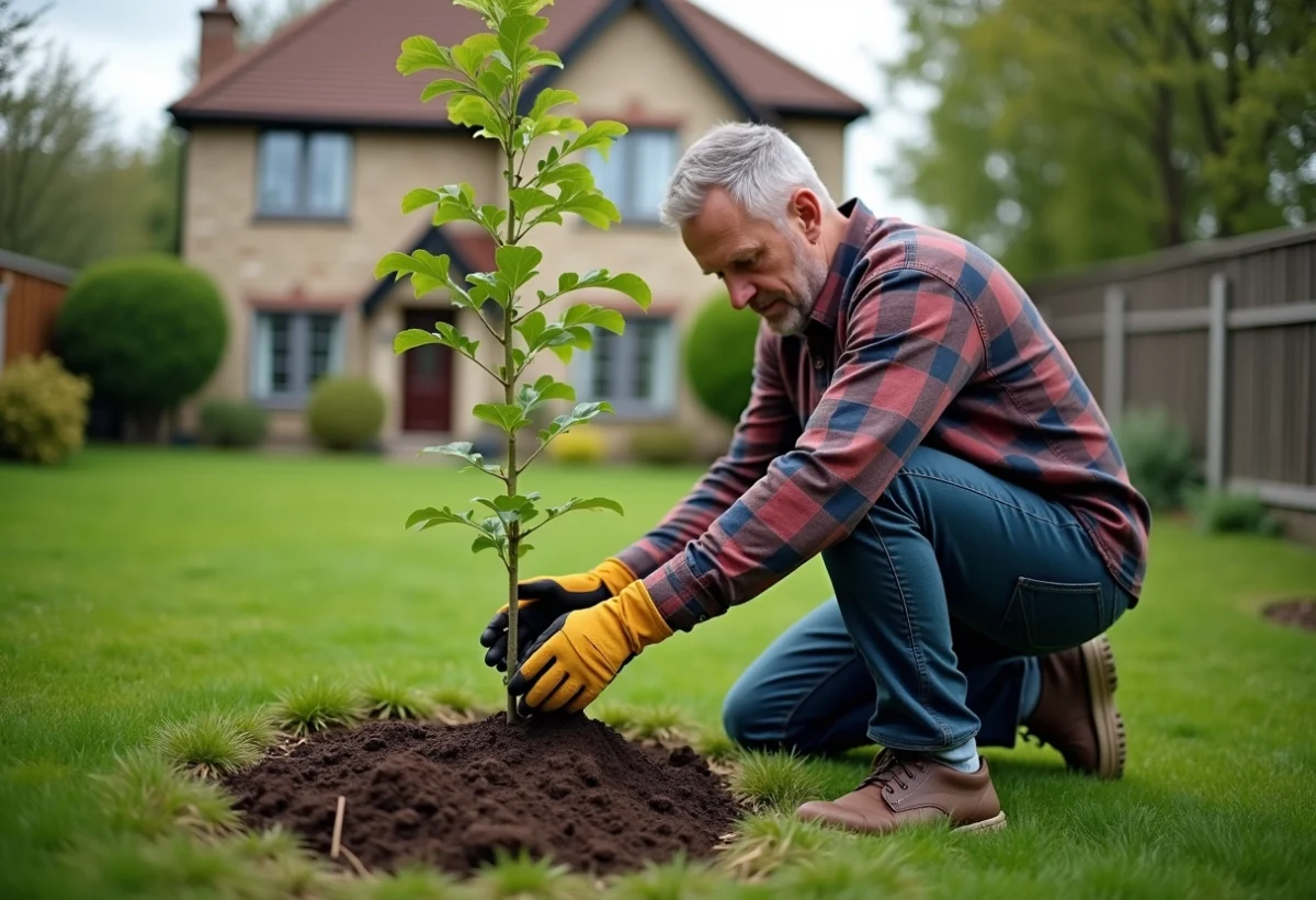 Homme plantant un figuier dans un jardin suburbain