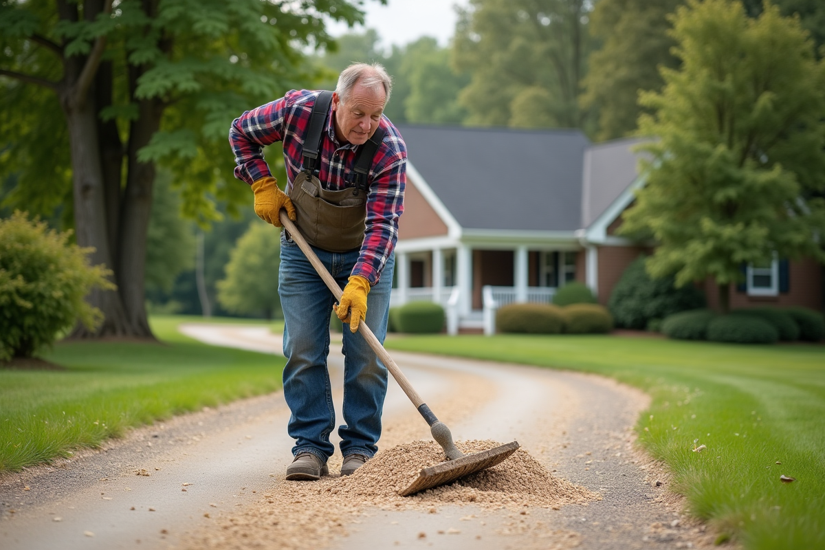 Homme en jeans et chemise à carreaux ratisse un chemin de gravier