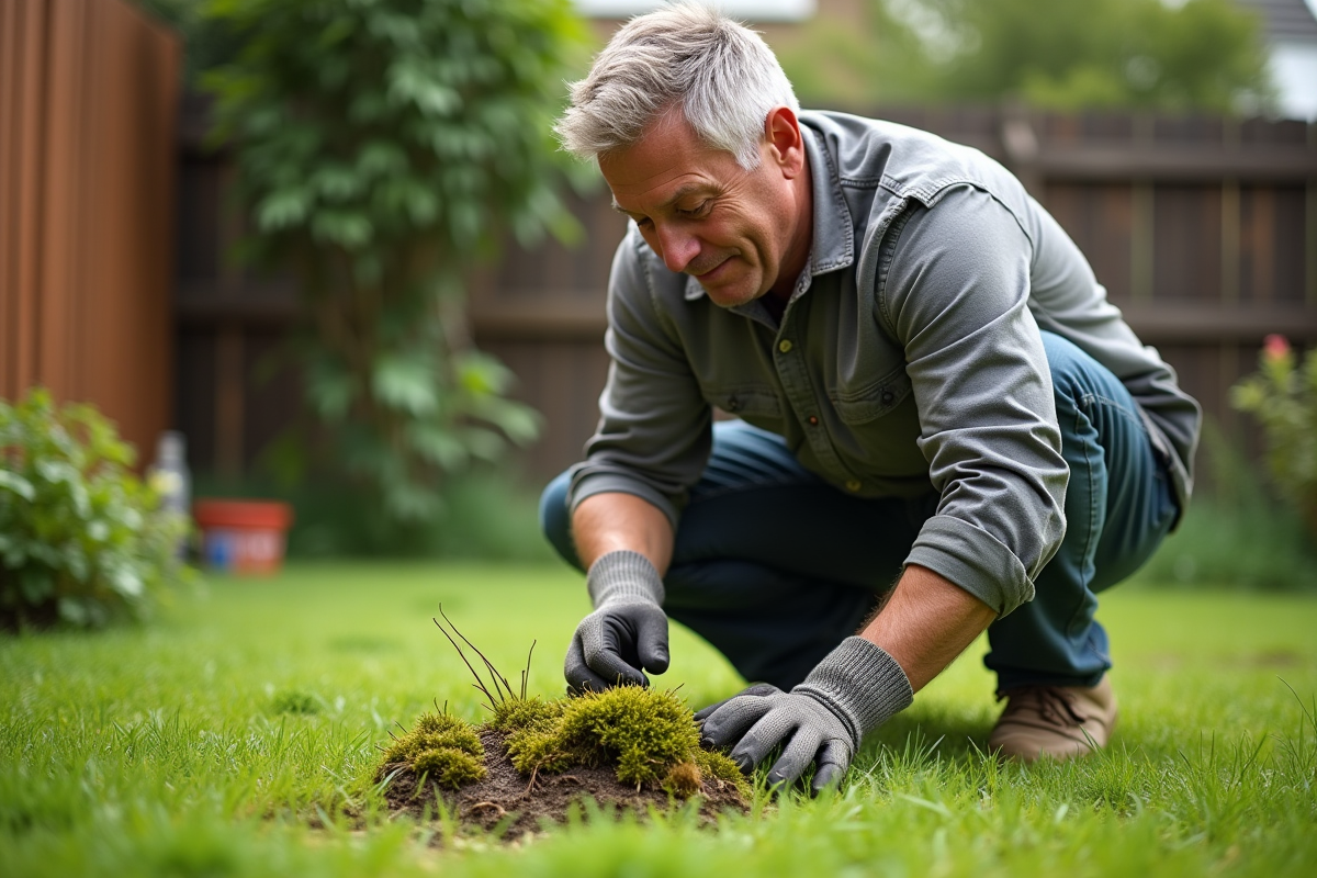 Homme d'âge moyen examinant la mousse dans le jardin