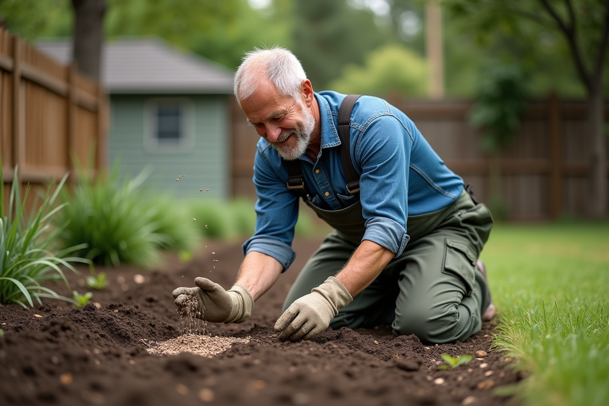 Homme d'âge moyen en vêtements de jardinage semant des graines dans la terre