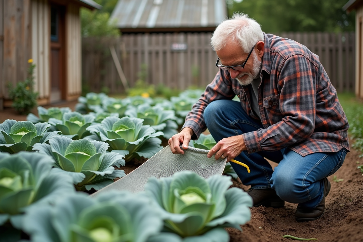 Homme âgé ajuste un filet sur des légumes dans son jardin