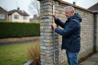 Homme mesurant un mur en pierre avec un mètre