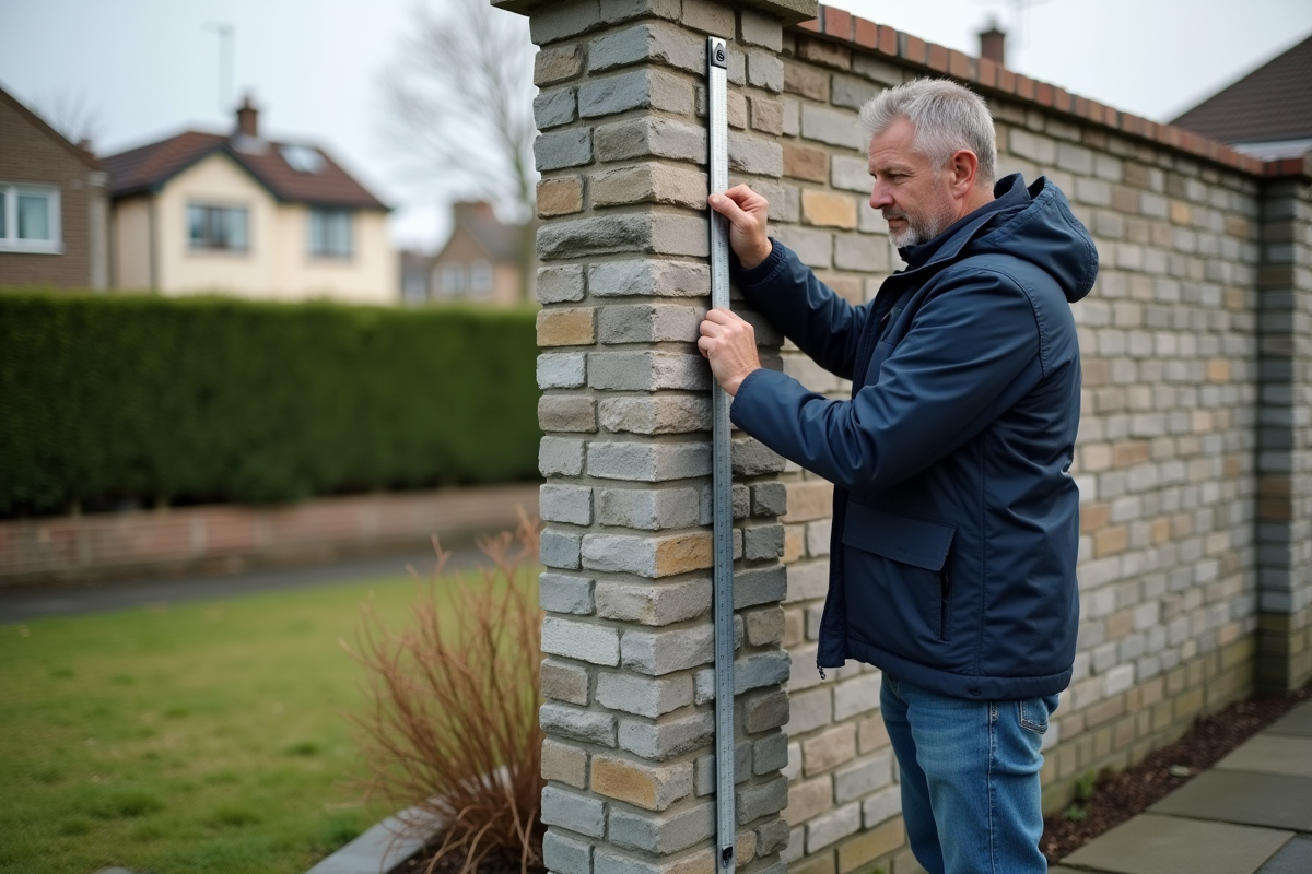 Homme mesurant un mur en pierre avec un mètre