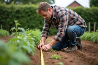 Homme mesurant les plants de tomates dans le jardin