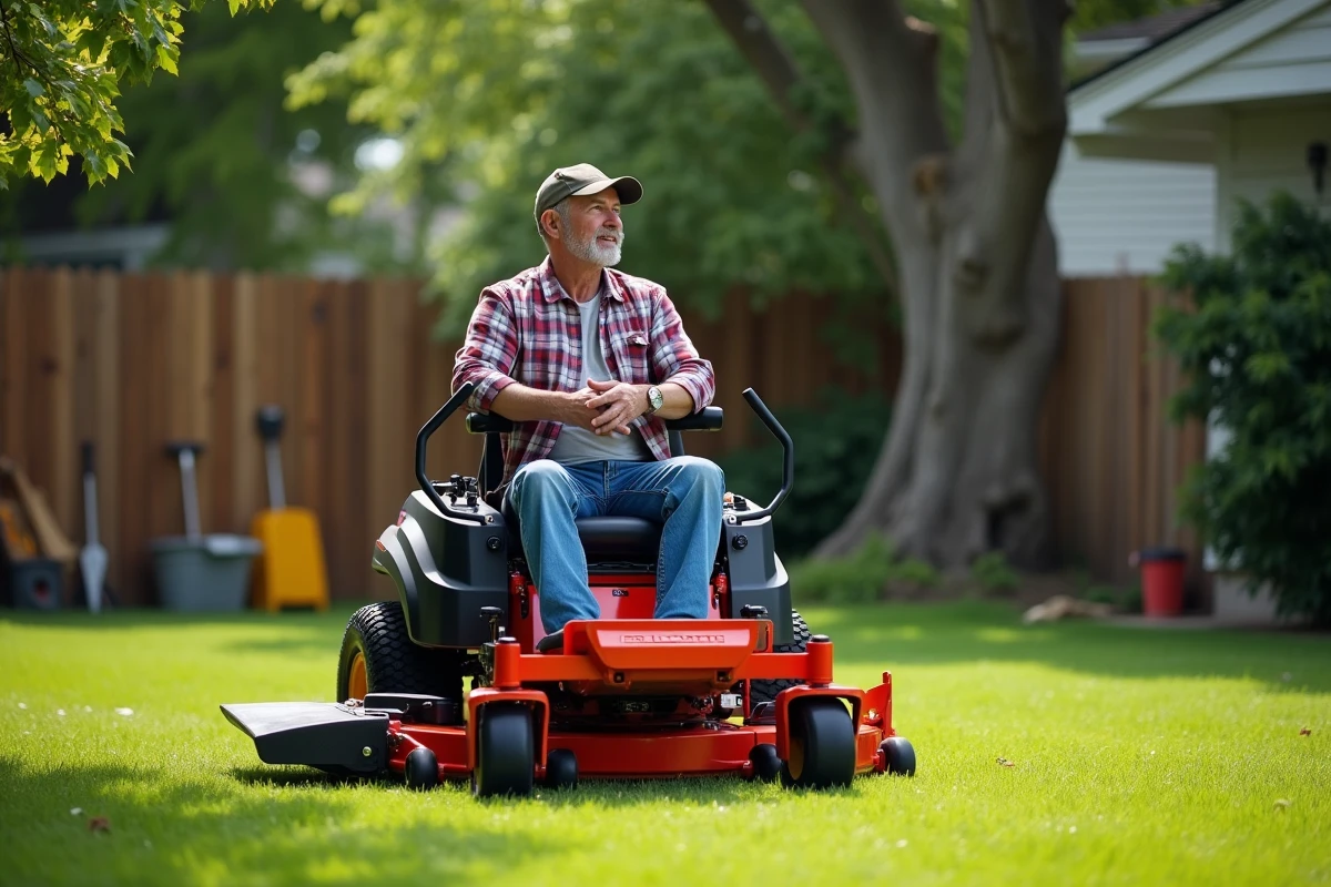 Homme d'âge moyen sur une tondeuse moderne dans un jardin