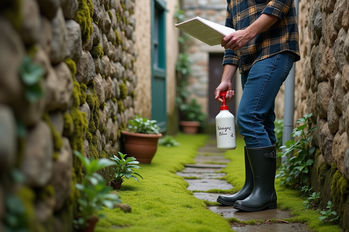 Homme âgé vaporisant du vinaigre sur la mousse d’un mur en pierre