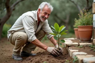 Homme d'âge moyen plantant un jeune figuier dans un jardin méditerranéen