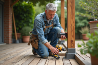 Homme en travail posant une bride de pergola sur terrasse