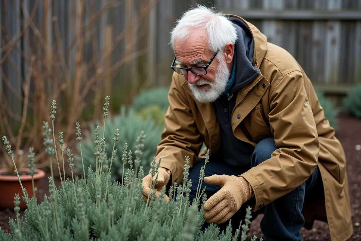 Homme âgé inspecte sauge dans un jardin rustique