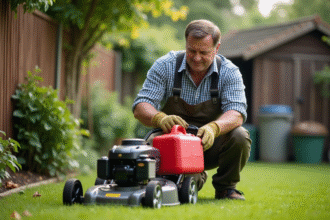 Homme en vêtements de jardinage verse du carburant dans une tondeuse