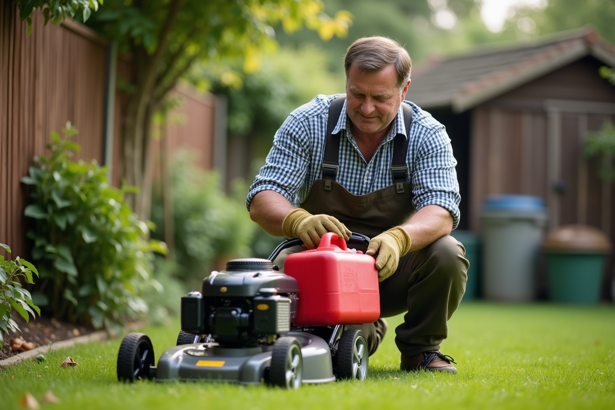 Homme en vêtements de jardinage verse du carburant dans une tondeuse