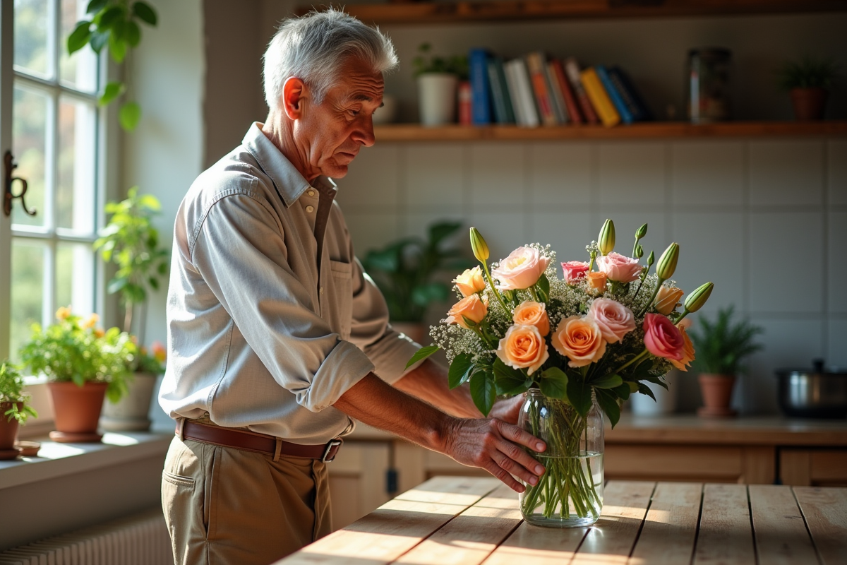 Homme arrangeant des roses et lys dans la cuisine