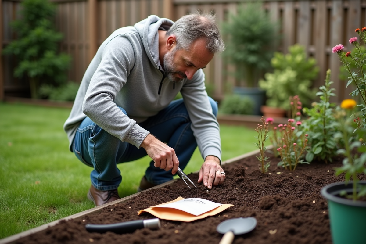 Homme plantant des graines dans un jardin en plein air