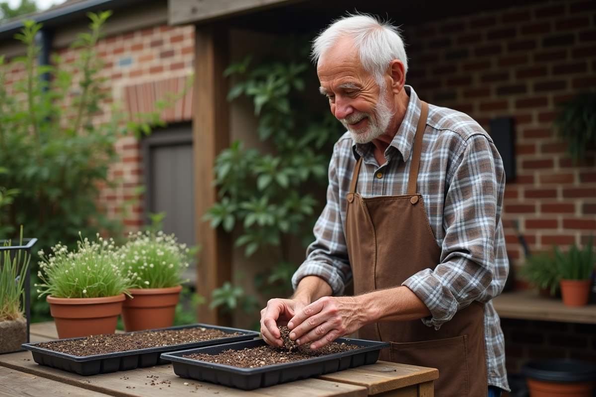 Homme âgé remplissant des plateaux de semis avec des échalotes
