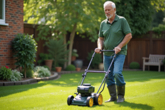 Homme d'âge moyen tondant la pelouse avec une tondeuse à main