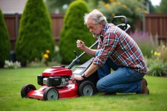Homme d'âge moyen examine la tondeuse à gazoline dans le jardin