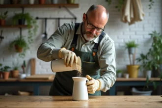 Homme en overalls versant du glyphosate dans un récipient