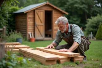 Homme en vêtements de travail examine des planches de bois dans un jardin