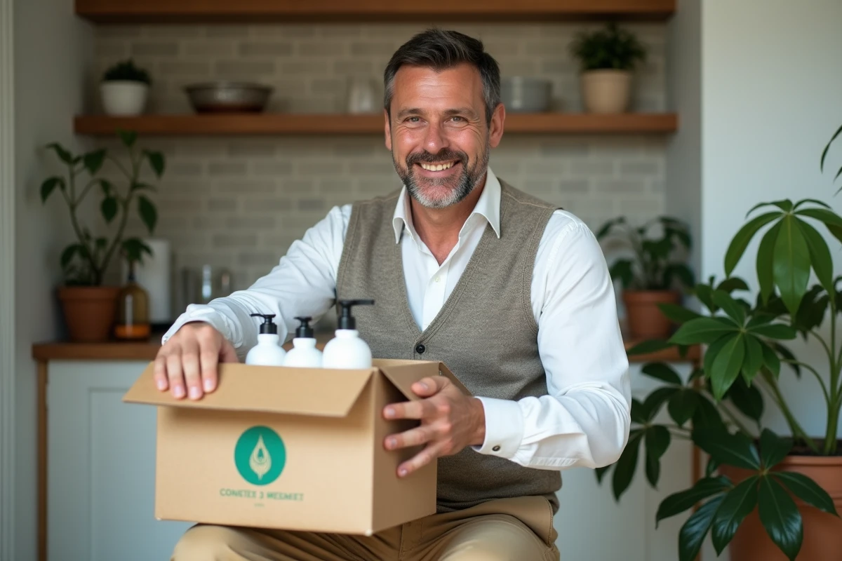 Homme dans son appartement déballant produits écologiques