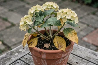 Hortensia en pot avec feuilles qui jaunissent posé sur une table en bois de jardin