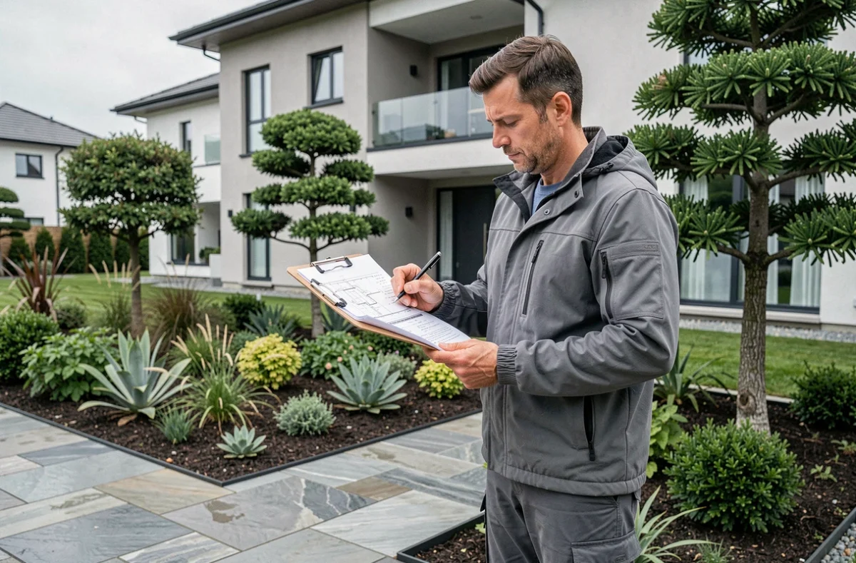 Paysagiste d'In Vivo Paysage consultant un plan de jardin devant une terrasse nouvellement aménagée avec pavage en pierre et arbres ornementaux