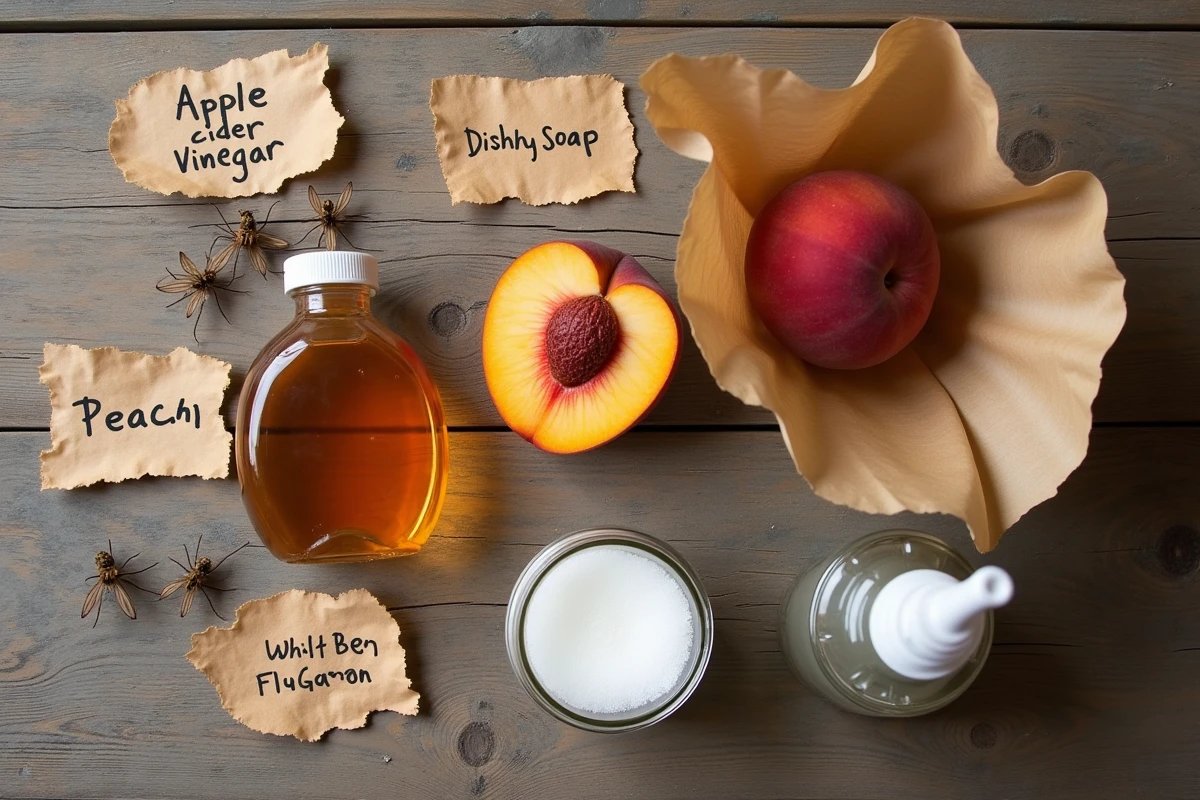 Vue du dessus des ingrédients pour fabriquer un attrape moucherons naturel : vinaigre, pêche mûre, savon et bocal en verre sur bois rustique
