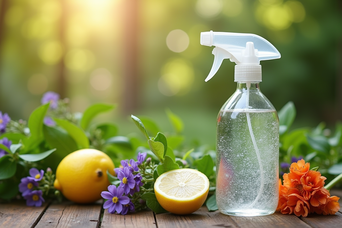 Table rustique avec vinaigre bicarbonate citron et herbes du jardin pour un anti-mauvaises herbes naturel