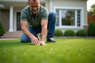 Homme inspectant un gazon synthétique dans son jardin