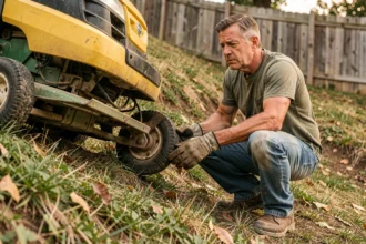 Homme inspectant le mécanisme d'enclenchement de lame d'un tracteur tondeuse sur un terrain en pente dans un jardin résidentiel
